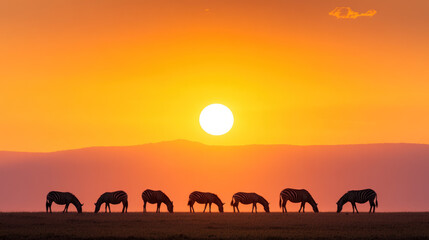 Zebras graze in the African savanna at sunset, silhouetted against the vibrant orange sky with the setting sun behind them.