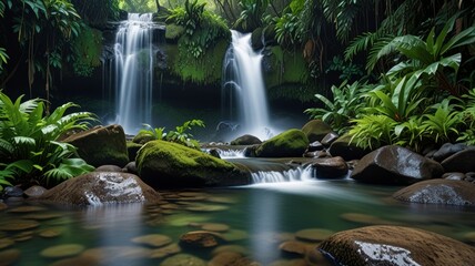 Calm waterfall flowing gently over rocks in a tropical rainforest, enveloped by vibrant foliage