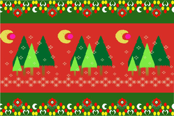 Christmas Tree Festival Under the Moonlight, ikat seamless
textile illustration, pattern, design for wrapping,
silk, scarf, background, textile, carpet, 