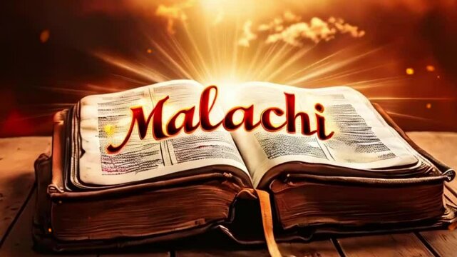 Open book with text "Malachi" in gold lettering, with a bright light shining from above, on a wood surface.