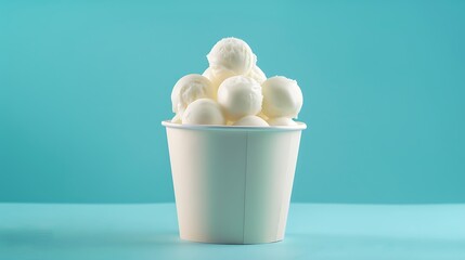 Ice cream balls in paper cup on blue background