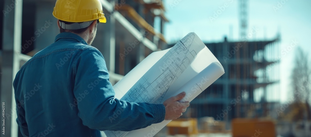 Poster construction worker wearing a yellow hardhat reviews blueprints while standing in front of an unfini
