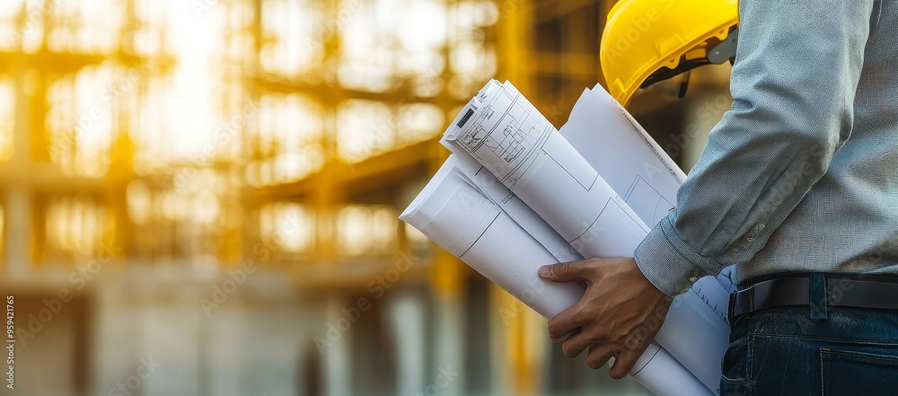 Poster construction worker holds blueprints in front of a building under construction.