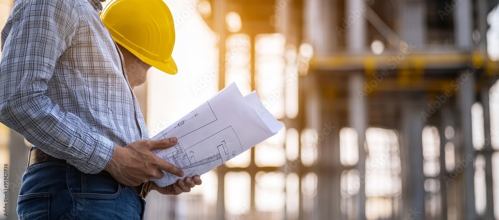 Poster an engineer in a hard hat reviews blueprints at a construction site.
