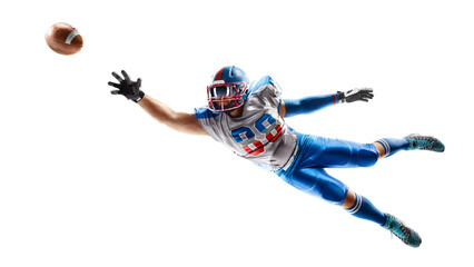 American football. Sportsman in action. Player catches the ball and flies in the air. Front view....