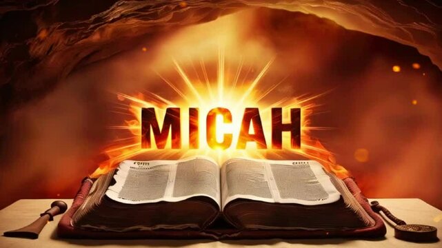 Open bible with the name Micah in front of a fiery cave.