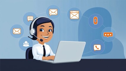 Customer Support Agent with Multichannel Communication Icons