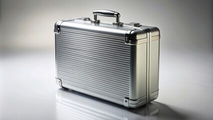 Fototapeta premium Silver metal suitcase with background, vacation luggage in perspective view, travel, trip, luggage, suitcase, baggage