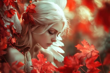 Angel and red autumn leaves with generative ai