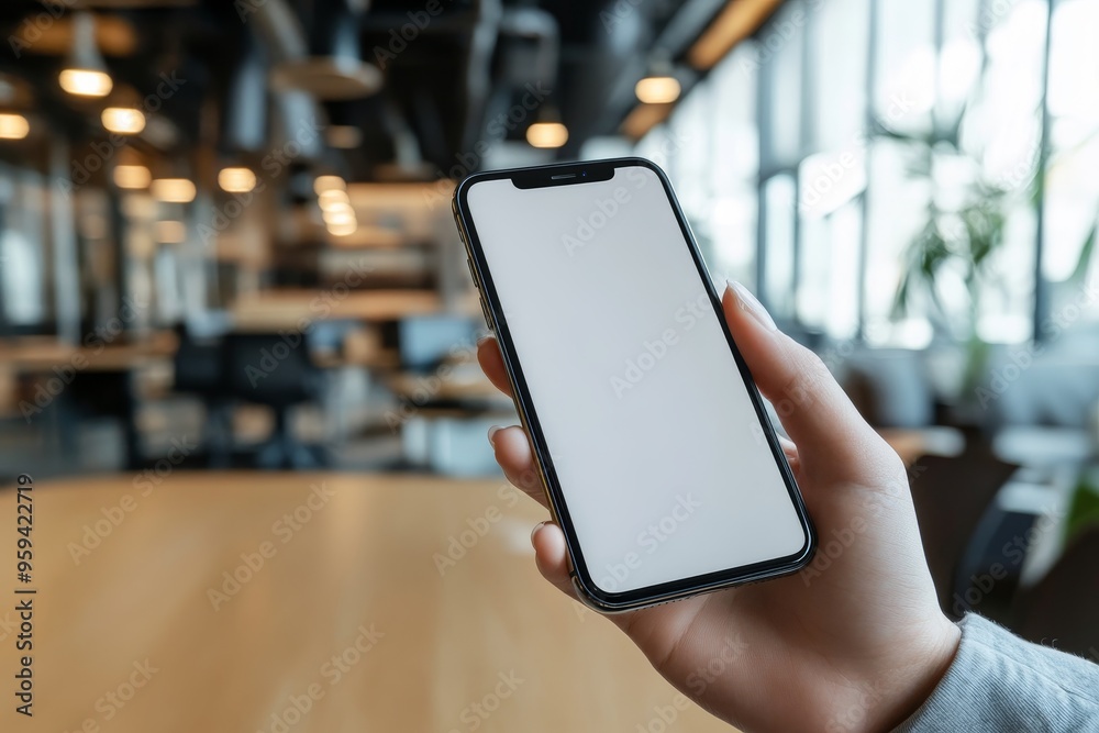 Poster close up of hand holding a smartphone with blank screen in a modern office setting.