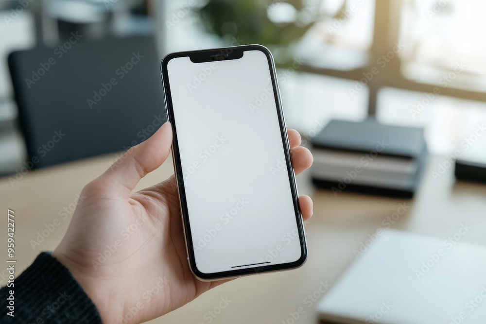 Aufkleber a hand holding a smartphone with a blank screen in a modern office setting. the phone is held vertic
