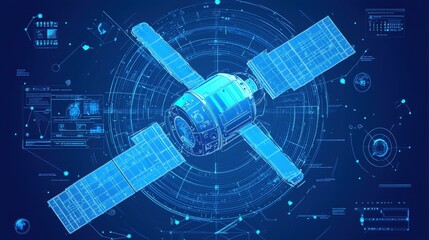 Obraz premium Futuristic Satellite with Blue Wireframe Design