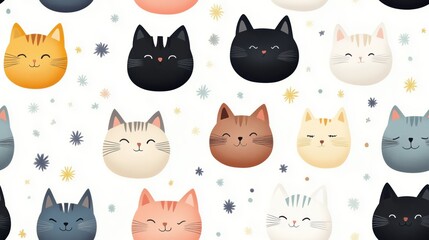 A playful pattern featuring adorable cartoon cats in various colors against a light background, perfect for pet lovers and decor.