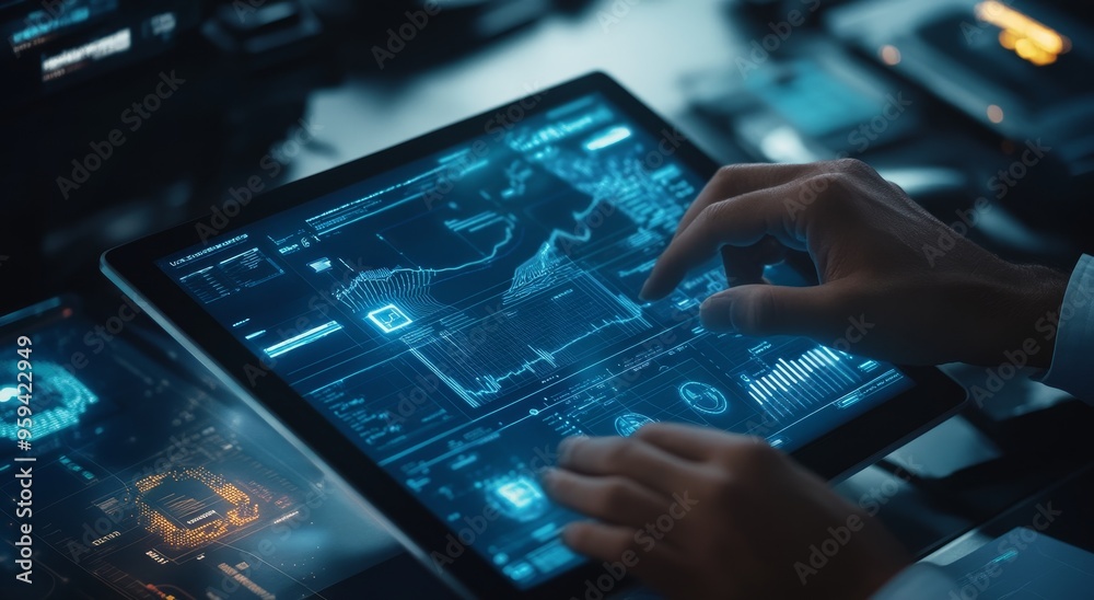 Aufkleber Close-up of hands interacting with a futuristic tablet displaying charts and graphs.
