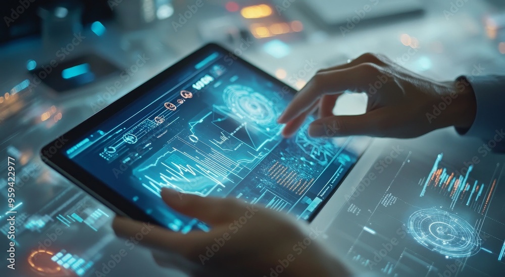 Aufkleber Close-up of hands using a tablet with a futuristic user interface, showing graphs, charts, and data visualizations.