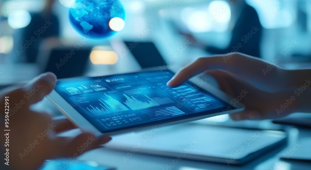 Fototapete Close-up of hands using a tablet with data visualizations and a blurry globe in the background, symbolizing global business and data analysis.