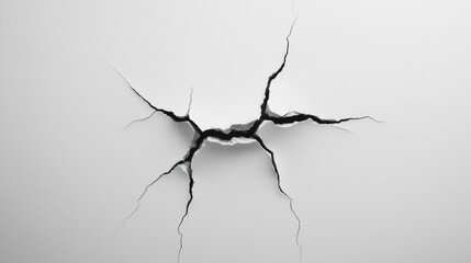 A close-up view of a prominent crack on a plain white wall, showcasing the intricate details and texture of the damage.
