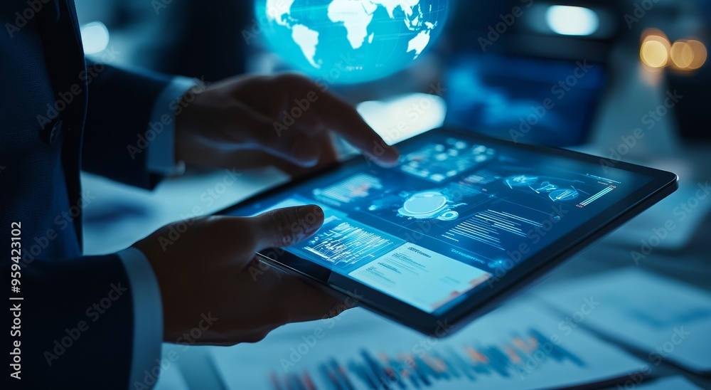 Poster a businessman working on a tablet with a glowing globe in the background.