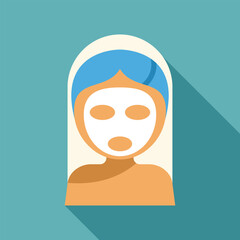 Illustration of a young woman with a towel on her head having a cosmetic facial mask, in a spa salon