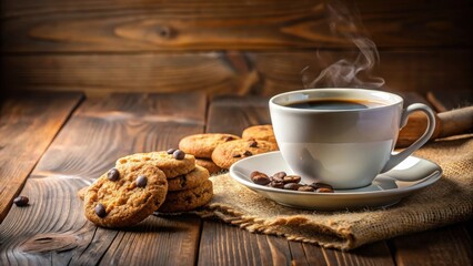 A cozy scene of a cup of coffee and cookies on a table, cozy, coffee, cookies, snack, treat, beverage, break, relaxation