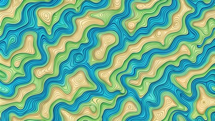 Fototapeta premium Colorful topographic map with seamless blue and green wave pattern on beige background, topographic, map, seamless, pattern