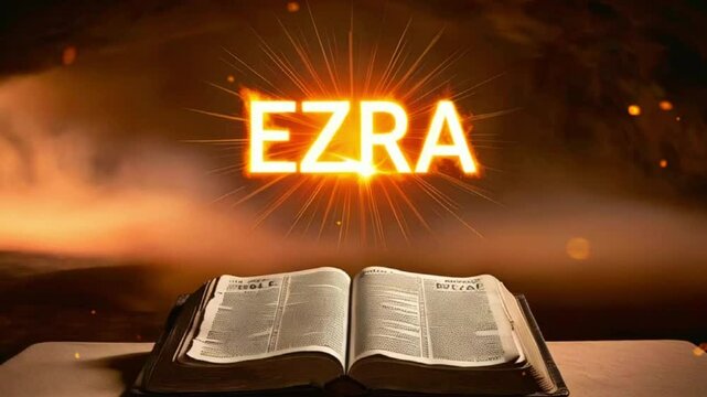 An open bible with the word "EZRA" shining brightly in the background.