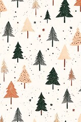 Fototapeta premium Abstract Christmas tree pattern in pastel colors, scattered across a white textured background, suitable for minimalist holiday designs