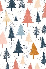 Obraz premium Abstract Christmas tree pattern in pastel colors, scattered across a white textured background, suitable for minimalist holiday designs