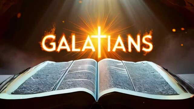 An open bible with the word "Galatians" written in bright orange letters with a cross in the middle, a bright light emanating from it and some smoke, all set on a table with two golden bowls.