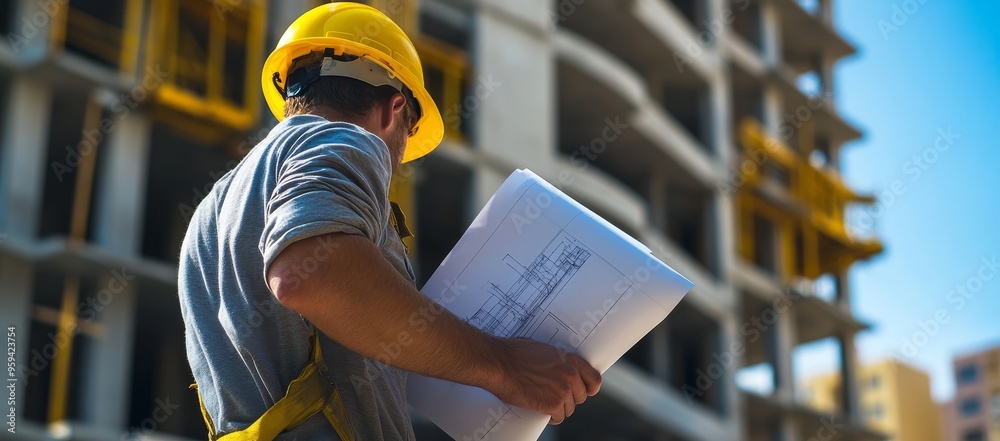 Aufkleber Construction worker in a yellow hardhat looking at blueprints in front of a building under construction.