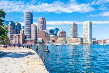 View of Boston downtown from Fan Pier Park in Seaport district