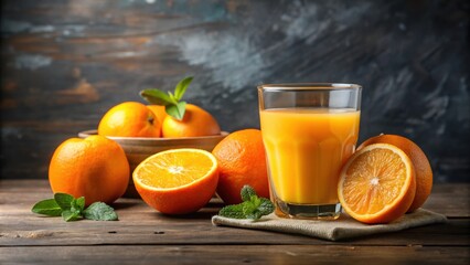 Fresh orange juice in a glass with sliced oranges , refreshing, citrus, drink, healthy, vitamin C, organic, beverage