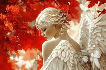 Fototapeta premium Angel and red autumn leaves with generative ai