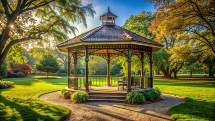 Fototapeta premium Gazebo in a tranquil park setting , peaceful, nature, relaxation, architecture, structure, outdoors, scenic, wood