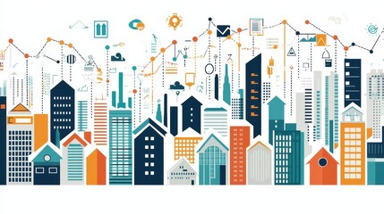 Cityscape Skyline with Data Analysis Charts and Icons