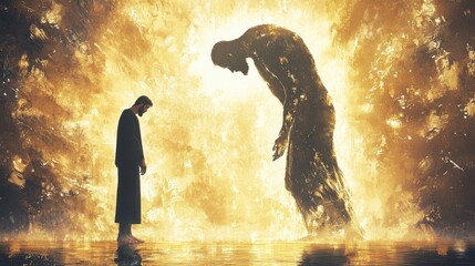 Man Facing Giant Shadow in Golden Light