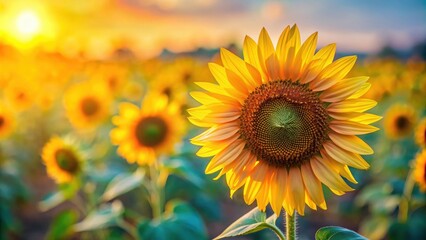 Obraz premium Close up of a vibrant sunflower in a blurred field background, sunflower, summer, field, nature, yellow, petals, bloom, garden