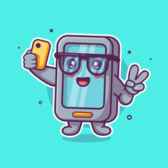 happy smartphone character mascot taking a selfie with a smartphone isolated cartoon