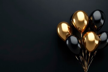 Black friday dark background with golden balloons, copy-space with generative ai