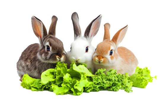 white rabbit with grass on plain background, PNG file