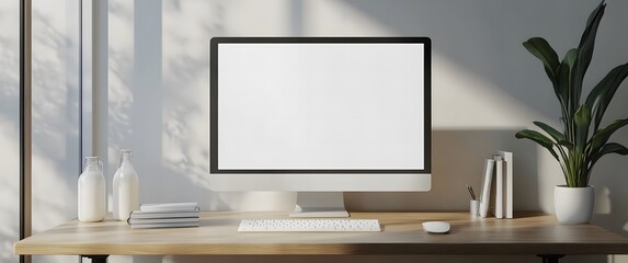 Fototapeta premium white blank computer screen on the desk of an aesthetic home office,workspace
