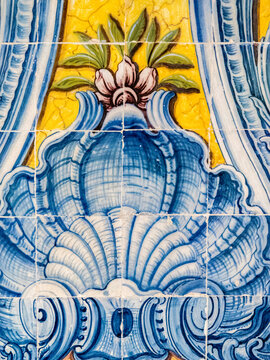 Portugal, Lisbon. Colorful azulejos, Portuguese tiles on the walls inside the Jeronimos monastery.
