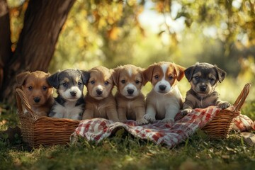 a group of puppies sitting in a basket under a tree