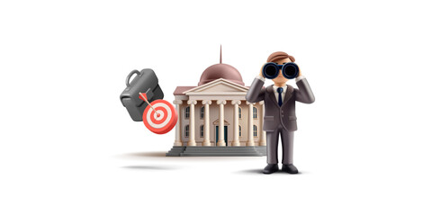 3D building with columns, a target, a briefcase, businessman looking through binoculars. For concepts, management, leadership, new vision, and optimization of business processes. Vector illustration.