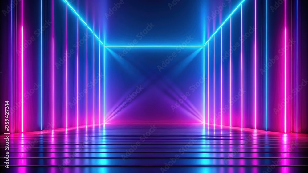 Wall mural abstract neon background with pink and blue neon lines and floor reflection, render, abstract, neon,