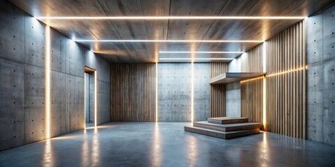 Abstract interior design with concrete and wood elements illuminated by neon lighting, interior, design, abstract, concrete, wood