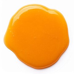 Top view of a puddle of orange juice, isolated on white background with clipping path. Perfect high-quality image for design, marketing, and promotional projects.