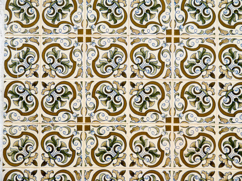 Portugal, Costa Nova. Colorful azulejo tiles on the exterior wall of house.