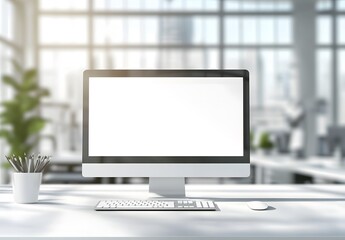 Fototapeta premium White desk with computer and office background blurred in the foreground,workspace