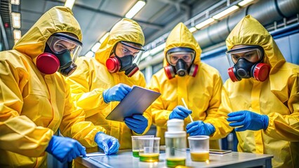Team of scientists wearing protective gear conducting experiments with biohazardous materials